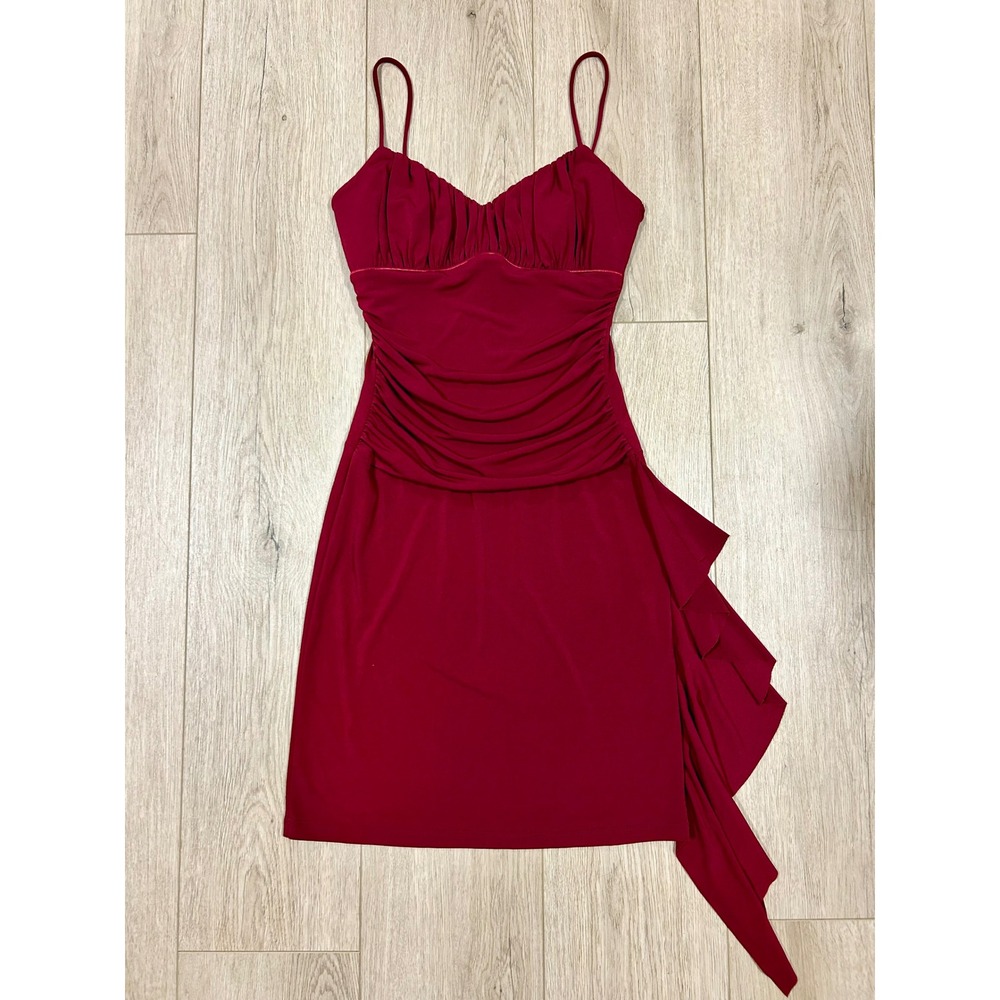 Papaya Burgundy Ruched Bodycon Mini‎ Dress Side Ruffle Spaghetti Strap Red Small